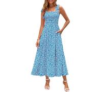 Zattcas Damen-Maxikleid 2026, Spaghettiträger, Blumenmuster, mit Taschen, gesmokt, fließend, lang, Strandurlaub, Sonnenkleider, Blauweiß, X-Groß