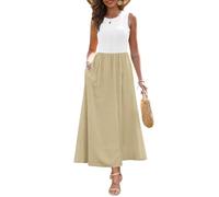 Zattcas Damen Sommer Casual Ärmellos Patchwork Strick Rundhals Tank Top Flowy Lange Maxikleider mit Taschen, Weiß, Klein