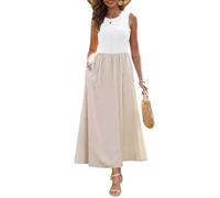 Zattcas Damen Sommer Casual Ärmellos Patchwork Strick Rundhals Tank Top Flowy Lange Maxikleider mit Taschen, Weiß Aprikose, Groß