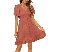 Zattcas Gesmoktes Sommerkleid für Damen, kurze Flatterärmel, V-Ausschnitt, Schweizer Punkte, Babydoll, Rüschen, gestuftes Minikleid, Einfarbiges Dusty Orange, Klein