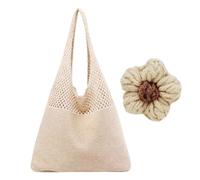 ZBHDEYG 1 Hohle Gewebte Tasche, 1 Dekorative Blumenschnallen, Handgehaltene Umhängetasche, Retro-Strickwestentasche, Vielseitige Reisetasche Für Damen, Netzwolltasche, Strand-Umhängetasche