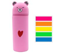 ZBHDEYG 1 Stück Bären-Federmäppchen, 100 Seiten Haftnotizen, Weiches Silikon-Federmäppchen, Niedlicher Cartoon-Bär-Stifthalter, Multifunktionale Aufbewahrungsbox (Rosa)