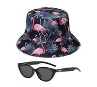 ZBHDEYG 1 Stück Flamingo Fischerhut, 1 Stück Sonnenbrille, Damen Sonnenhut, Mädchen Sommerhut, Damen Sonnenschutz Sonnenhut