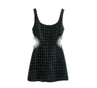 ZBJZUIMEI Kleid Frauen Mode Mit Perlen Black Hollow Out Rücken Reißverschluss Mini -Kleid Vintage Straps Square Hals Weibliche Schicke Dame Kleider-schwarz-s