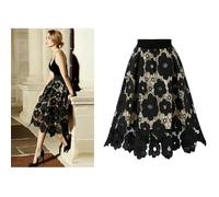 ZBJZUIMEI Langer Rock Damen Floral Spitzenrock Pendeln Elegante Frauen Hohe Taille Vintage Fee Doppelschichtige Hohlraus Unregelmäßige A-Linie Rock-schwarz-XXXL