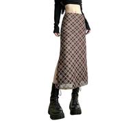 ZBJZUIMEI Rock Frauen Frühling Herbst Plaid Print Wrap Hüften Röcke Knöchel-länge Schlanker Bleistiftröcke Preppy Style Girls Schlitz Mitteltirt-Schokolade-m