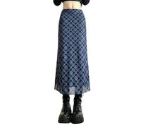 ZBJZUIMEI Rock Frauen Frühling Herbst Plaid Print Wrap Hüften Röcke Knöchel-länge Schlanker Bleistiftröcke Preppy Style Girls Schlitz Mitteltirt-blau-l