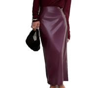 ZC8bdbd Damen Kleid Lang Lederrock Bleistiftröcke Hohe Taille Bodycon Maxi mit Rückenschlitz, Wein, X-Groß
