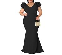 ZDJSWJ Damen V-Ausschnitt Bodycon Meerjungfrau Kleid Lange Abendkleid mit Rüschenärmeln Elegant Schlank Sexy Übergröße, Schwarz , XXXXXL