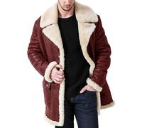 ZDJSWJ Lange Herren-Jacke aus Kunstleder, Wolle, Motorradmantel, Sherpa, Heavy Pounder aus Wildleder, Thermojacke aus Leder mit Fellkragen, rot, L