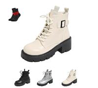 ZDOUXUAN Damen-Schnürstiefel mit seitlichem Reißverschluss, profilierter Sohle, rutschfestem Blockabsatz, stylischen Stiefeletten mit runder Zehenpartie for Outdoor-Aktivitäten(Beige,35 EU)