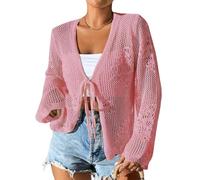 ZDOUXUAN Leichte Sommer-Strickjacken Für Damen, Frühlingsstrick, Langärmelig, Strandurlaub, Kleidung, Krawatte, Vorne Offen, Überwurfjacke(Pink,L)
