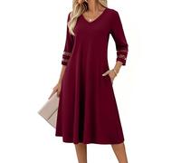 Zeagoo A Linien Kleid Damen Halbarm Sommerkleider Mit Spitzenärmeln Elegant Tunika Kleid V-Ausschnitt Midikleid Einfarbig Blusenkleid für Frühling Sommer Rot S