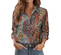 Zeagoo Bluse Damen Elegant Langarm Bunt Hemdbluse Frühling Button-Down Hemden Bügelfrei Business Basic Oberteile Bunt Orient Muster M