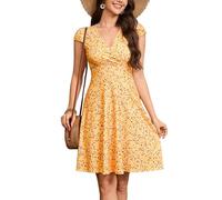 Zeagoo Damen Blümchenkleider Kurzarm Knielang Sommerkleid Casual A Linie Kleid V-Ausschnitt Jerseykleid Orange Weiß XXL