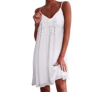 Zeagoo Damen Bohemian Sommerkleid Spitze Trägerkleid V-Ausschnitt Strandkleid mit Fransen Lässig Minikleid Ärmellos Hängerkleid Weiß XXL