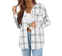 Zeagoo Damen Hemdjacke Karierte Hemdbluse Langarm Knopfleiste Flanell Bluse mit Tasche Lässige Blusenjacke Karobluse Herbst Winter Weiß Schwarz L