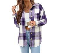 Zeagoo Damen Hemdjacke Karierte Hemdbluse Langarm Knopfleiste Flanell Bluse mit Tasche Lässige Blusenjacke Karobluse Herbst Winter Lila M