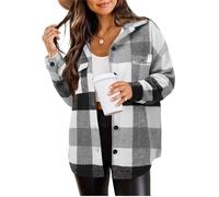 ZEAGOO Damen Hemdjacke Karierte Hemdbluse Langarm Shacket Mantel Flanell Jacke mit Knöpfen Übergangsjacke Grau Weiß M