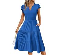 ZEAGOO Damen Kleid A-Linie Sommerkleider V-Ausschnitt Midikleid Rüschen Ärmel Strandkleid Sommer Elegant Kleid mit Taschen