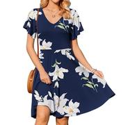Zeagoo Damen Kleid Knielang Sommerkleider V-Ausschnitt Freizeitkleid Rüschen Ärmel Blusenkleid Lose Swing A-Linie Blumendruck Kleid mit Taschen Blumenblau M