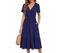 Zeagoo Damen Kleider Kurzarm Midi Sommerkleid Leicht Kleid A Line Elegant Wickelkleid Blumen Strandkleid Mit Taschen a-Marineblau XXL