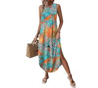 Zeagoo Damen Kleider Sommer Ärmellose Midikleid Lang Strandkleid Lässiges Tankkleid Elegant Rundhals Freizeitkleider mit Taschen Orange Blaue Blätter L