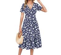 Zeagoo Damen Kleider Sommer Kurzarm Midikleid V-Ausschnitt Lang Kleid Casual Midi Wickelkleid Elegant Sommerkleid mit Taschen Marineblau Blumen M