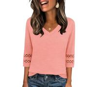Zeagoo Damen Oberteile 3/4 Ärmel V-Ausschnitt Bluse Lochstickerei Sommer Shirt Lässig Häkel Blusenshirt Elegant Tunika Orange Rosa M