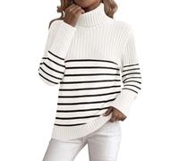 Zeagoo Damen Pullover Rollkragenpullover Winter Einfarbig Streifen Pulli | Elegant Casual Lose Cozy Knitted Sweater| Pullover mit gerippten Bündchen| Color Blocking Stylischer Pullover S-XXL