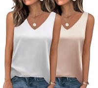 Zeagoo Damen Satin Tank Top Ärmellose Shirt Basic Cami Sommer V-Ausschnitt Oberteile Satinbluse Weiß und Champagner M
