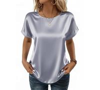 Zeagoo Damen Satinbluse Elegant Kurzarm Oberteile Basic Rundhals T-Shirt Lässige Business Blusenshirt Casual Tunika für Sommer Hellgrau M