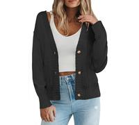 Zeagoo Damen Strickjacke Kurz Grobstrick Cardigan Mit Knöpfen V-Ausschnitt Open Front Sweater Langarm Herbst Winter Pullover Schwarz S