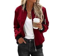 Zeagoo Dünne Bomberjacke Damen Leicht Blouson Jacke Kurz Woman Bomber Jacket Weihnachten Light Sommerjacke Pilotenjacke Frühlingsblouson Basic Herbst Frühling Weinrot L 36