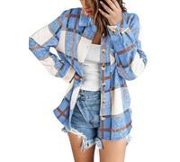 Zeagoo Flanell Hemdbluse Damen Karierte Hemdjacke Karo Hemd Bluse Langarm Shacket mit Taschen Blusenjacke Knopfleiste Übergangsjacke Westernhemd Herbst Winter Blau M