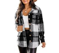 Zeagoo Flanell Hemdbluse Damen Karierte Hemdjacke Langarm mit Taschen Karo Hemd Bluse Blusenjacke Knopfleiste Westernhemd Herbst Winter Grau Schwarz XL