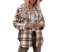 ZEAGOO Hemdjacke Damen Karierte Bluse Langarm Shacket Mantel Jacke mit Knöpfen Übergangsjacke Herbst Flanellhemd Rosa M
