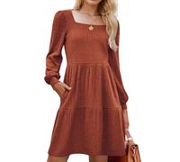 Zeagoo Kleid Damen A Linie Herbstkleid Langarm Elegante Kleider mit Taschen Puffärmel Dünnes Strickkleid Knielang Karamell L