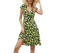 Zeagoo Kleid Damen Sommer Casual Blumen Sommerkleider Elegant Knielang Blumenkleid Empire Jerseykleid Zitrone L