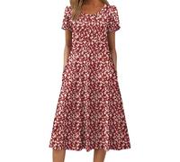 Zeagoo Kleid Damen Sommer Lange Kleider A-Linie Leichte Sommerkleider Boho Blumenkleid Strandkleider Rot L