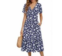 Zeagoo Kleider Damen Elegant Sommerkleid Kurzarm V-Ausschnitt Kleid Casual Leicht Wickelkleid Blumen Midikleid Strandkleid Mit Taschen Marineblau Blumen M