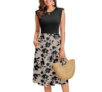 Zeagoo Kleider Damen Sommerkleider Freizeit Rundhals Kleid A-Linie Strandkleider Elegant Ärmellos Midikleid mit Tasche Floral C 2XL