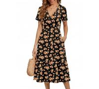 Zeagoo Kleider V-Ausschnitt Sommerkleid Damen Kurzarm Elegant Kleid Blumen Midikleid Casual Leicht Wickelkleid Strandkleid Mit Taschen Orange Blumen S