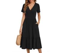 Zeagoo Kleider V-Ausschnitt Sommerkleid Damen Kurzarm Elegant Kleid Blumen Midikleid Casual Leicht Wickelkleid Strandkleid Mit Taschen a-Schwarz M