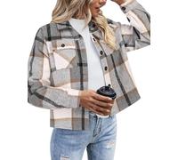 ZEAGOO Kurzjacke Damen Kariertes Kurzjacke Shacket Mantel Jacke Herbst Winter Hemdjacke Flanellhemd Karierte Hemd Bluse Grau XL