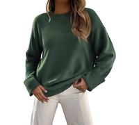 Zeagoo Pullover Damen Casual Rundhals Strickpullover Einfarbig Herbst Winterpullover Lockerer Strickpulli Langarm Flauschiger Sweater Militärgrün S