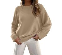 Zeagoo Pullover Damen Casual Rundhals Strickpullover Einfarbig Herbst Winterpullover Lockerer Strickpulli Langarm Flauschiger Sweater Hellbraun L