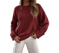 Zeagoo Pullover Damen Casual Rundhals Strickpullover Einfarbig Herbst Winterpullover Lockerer Strickpulli Langarm Flauschiger Sweater Weinrot S
