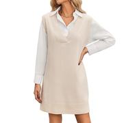 Zeagoo Pullunder Kleid Damen Strick Vest Kleid Strickkleid Ärmellos V-Ausschnitt Sweater Kleid Weiches Knielang Elegant Herbstkleid Winterkleid Büro Freizeit Layering Outfit Beige S