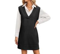 Zeagoo Pullunder Kleid Damen Strick Vest Kleid Strickkleid Ärmellos V-Ausschnitt Sweater Kleid Weiches Knielang Elegant Herbstkleid Winterkleid Büro Freizeit Layering Outfit Schwarz S